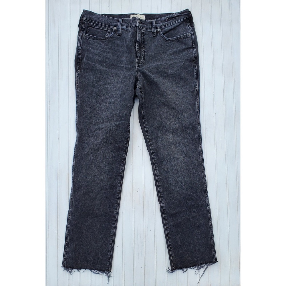 Madewell Mid-Rise Stovepipe Jeans Women's Size 31 Black Stretch Denim Raw Hem